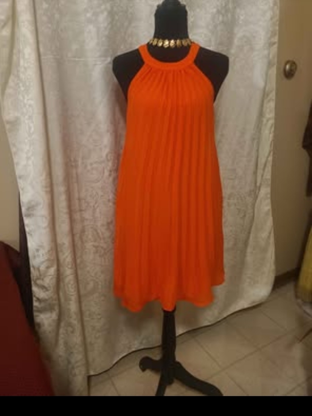 Sleeveless Orange Pleated Halter Dress